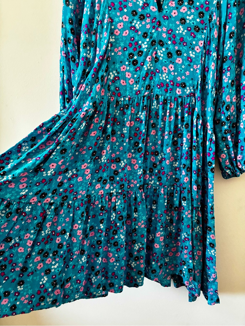CALVIN KLEIN Teal Ditzy Floral Long-Sleeve Tiered Dress- Size 14 - Picture 8 of 13